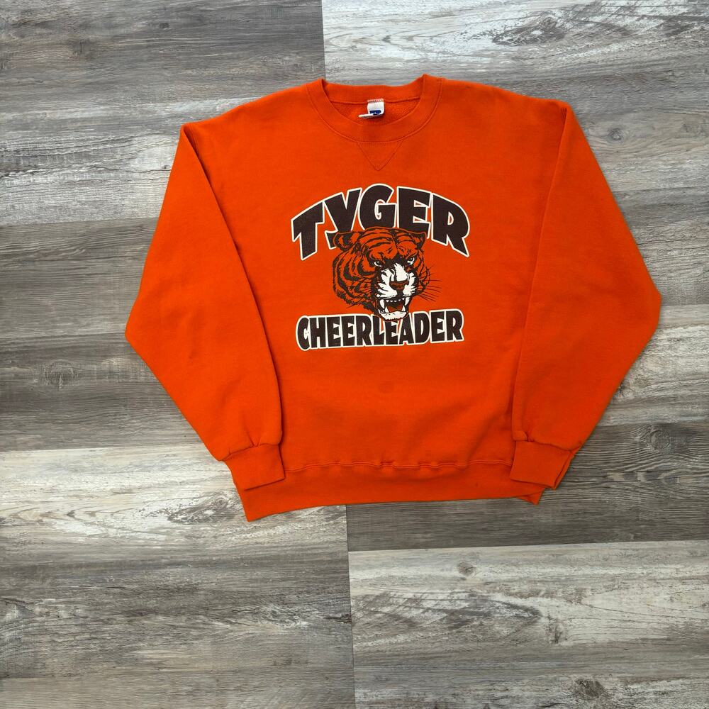 Vintage 90s Russell Athletic Tiger Cheerleader Orange Womens L Sweatshirt School